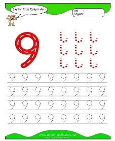 9 Rakamı Çizgi Çalışmaları Çalışma Sayfaları